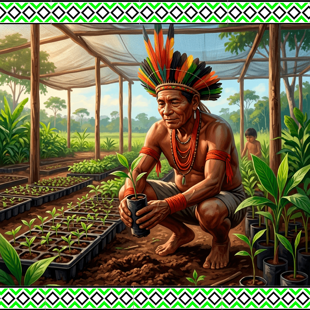Indígena cultivando mudas em viveiro na Amazônia