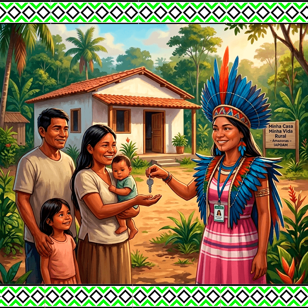 Família indígena recebendo chave de nova residência do programa habitacional