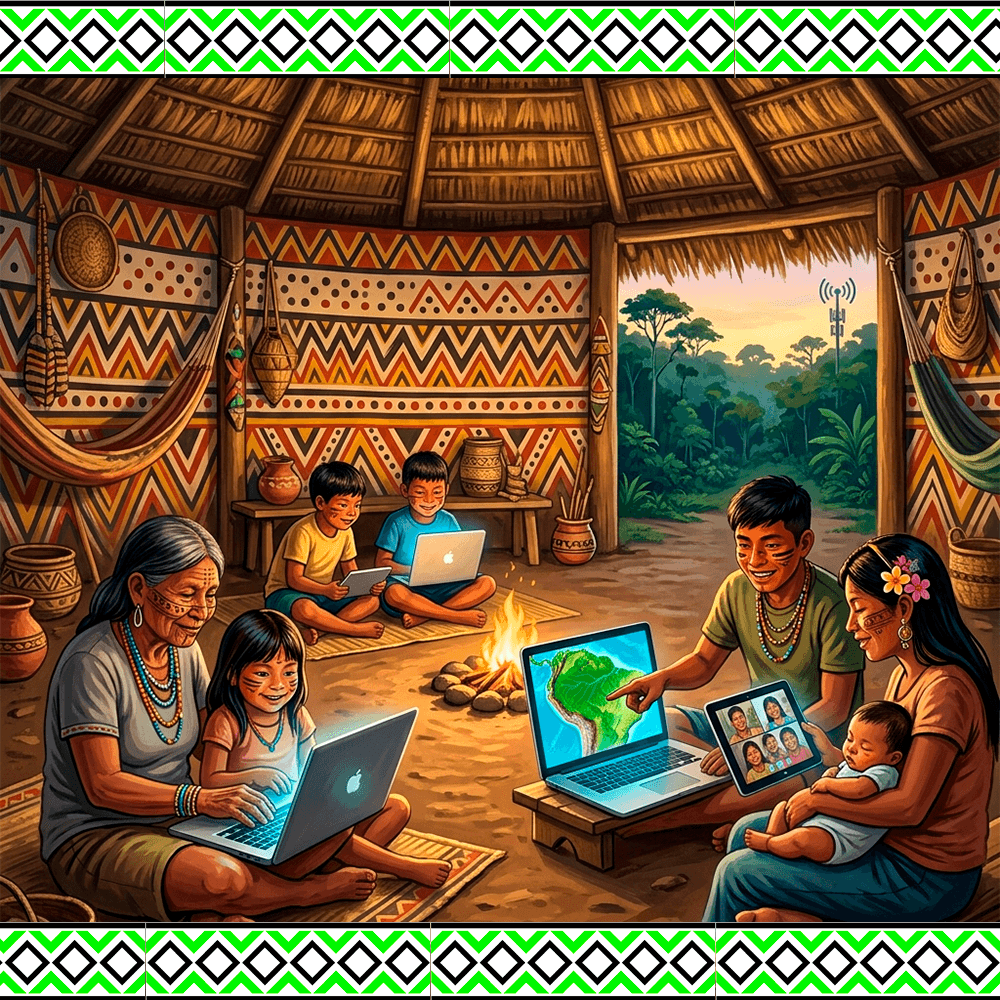Família indígena utilizando computadores e tablets na maloca