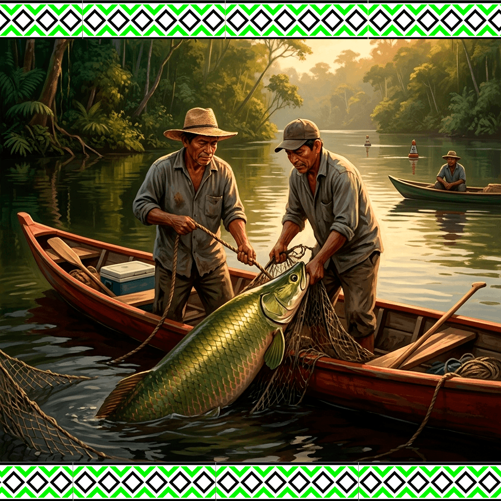 Pescadores indígenas em barco nos rios da Amazônia